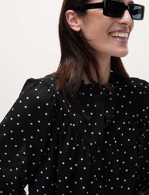 Polka Dot Frill Neck Button Through Blouse