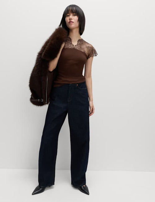 Pure Cotton Lace Insert V-Neck Top