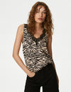 Animal Print V-Neck Lace Trim Cami Top