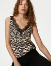 Animal Print V-Neck Lace Trim Cami Top