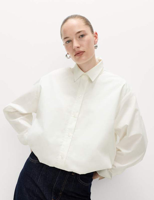 Cotton Cropped Bubble Hem Collared Shirt