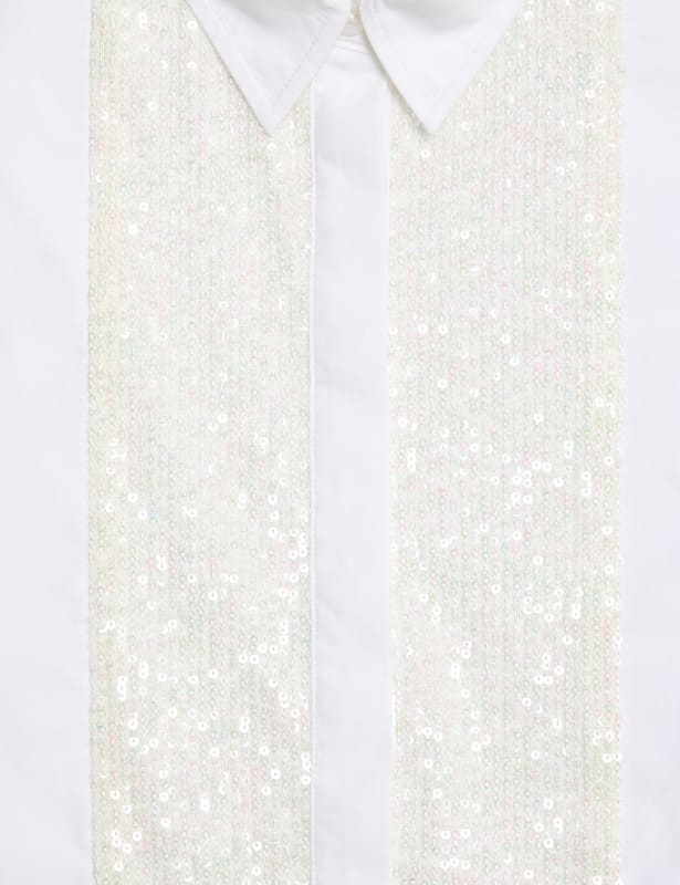 Pure Cotton Sequin Sparkly Collared Shirt