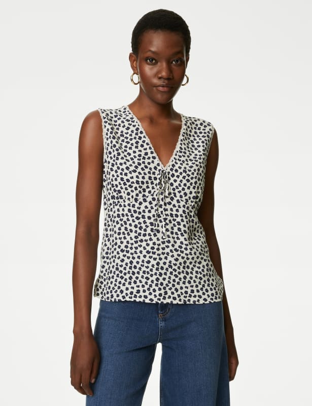 Polka Dot V-Neck Lace Detail Tie Front Blouse