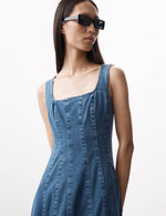 Denim Square Neck Midi Waisted Dress