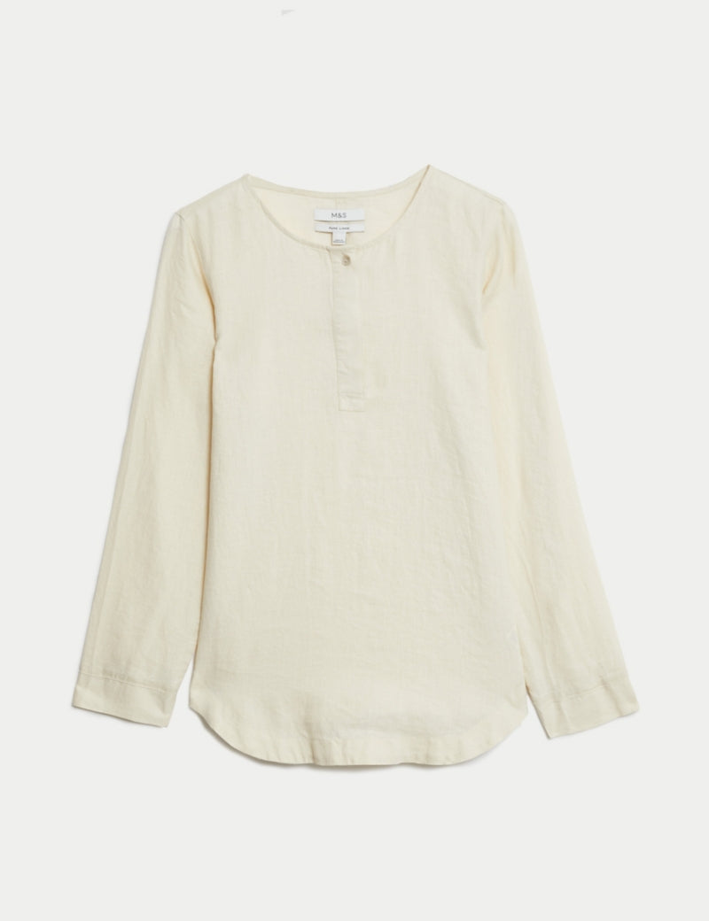 Pure Linen Long Sleeve Popover Blouse