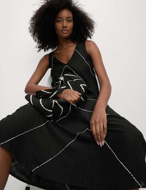 Linen Blend Embroidered Midaxi Shift Dress