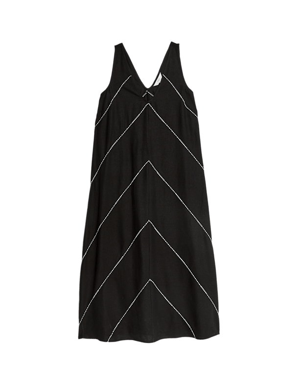Linen Blend Embroidered Midaxi Shift Dress
