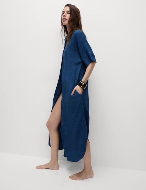 Linen Rich Collared Midi Shirt Dress