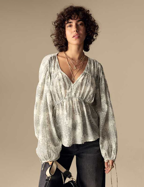Cotton Rich Printed V-Neck Seam Detail Blouse