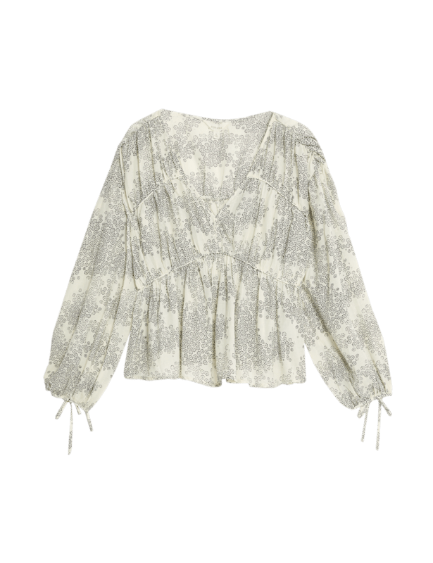 Cotton Rich Printed V-Neck Seam Detail Blouse