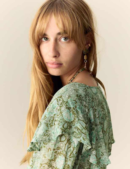 Printed Tie Neck Ruffle Blouse