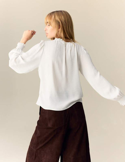 Satin V-Neck Ruffle Pleat Detail Blouse