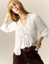 Satin V-Neck Ruffle Pleat Detail Blouse