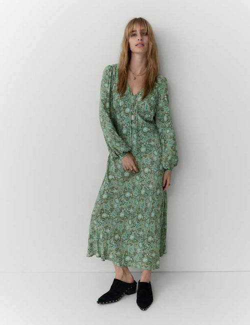 Printed V-Neck Tie Front Midi Dress