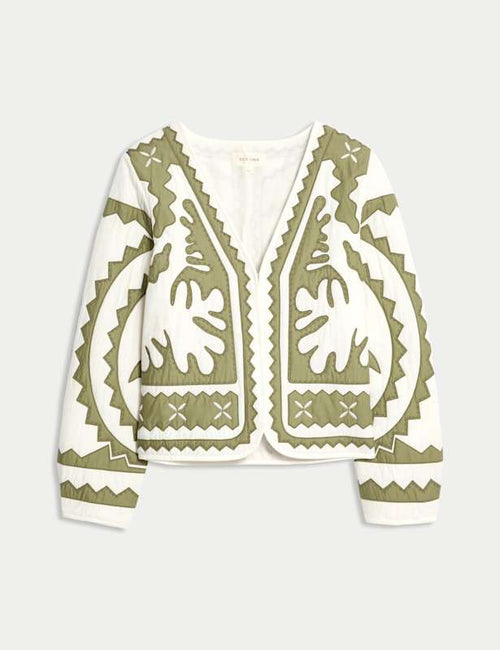 Pure Cotton Applique V-Neck Bomber Jacket