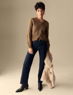 Ribbed V-Neck Puff Sleeve Jumper with Wool