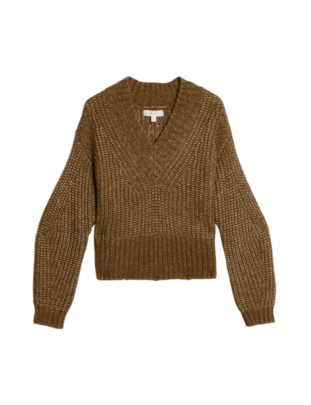 Ribbed V-Neck Puff Sleeve Jumper with Wool