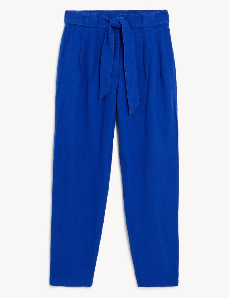 Pure Linen Belted Tapered Trousers
