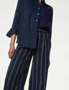 Linen Rich Striped Cropped Wide Leg Trousers