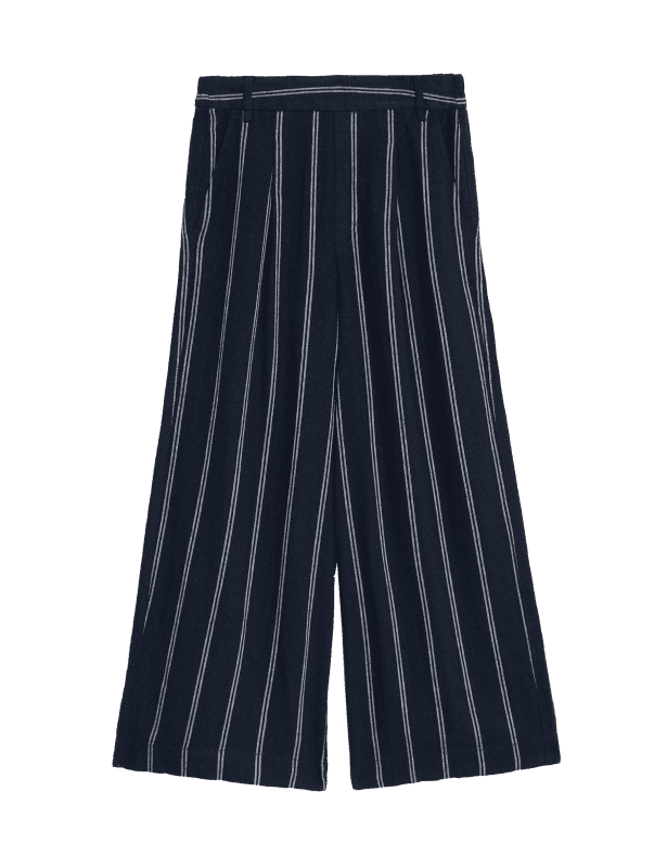 Linen Rich Striped Cropped Wide Leg Trousers