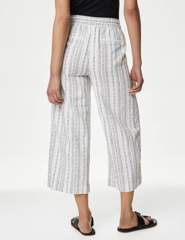 Linen Rich Striped Cropped Wide Leg Trousers