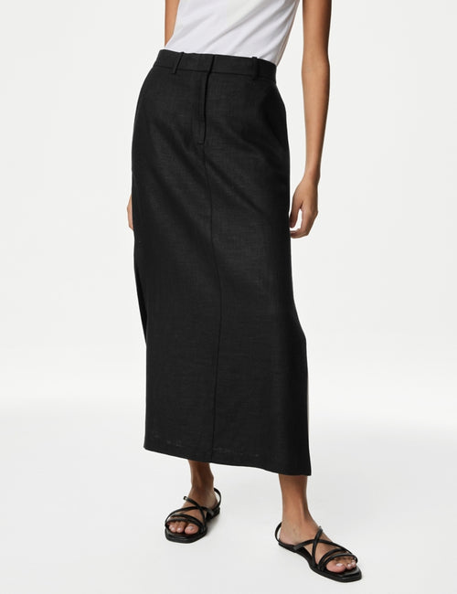 Linen Blend Side Split Maxi Column Skirt