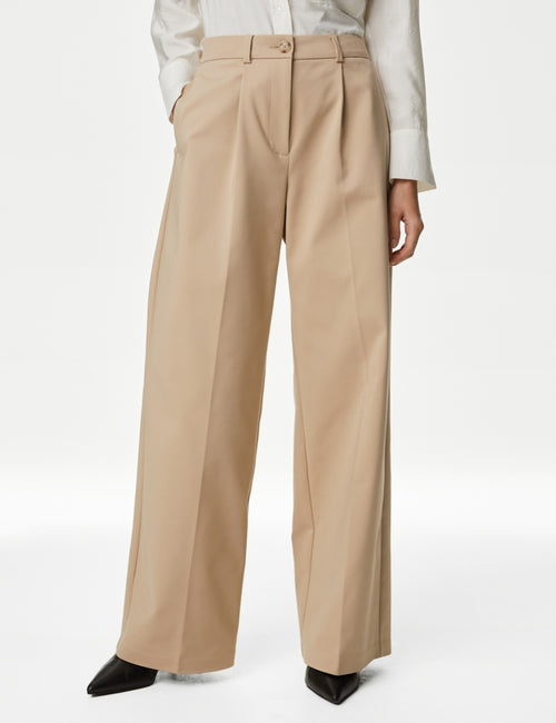 Cotton Blend Pleated Wide Leg Trousers