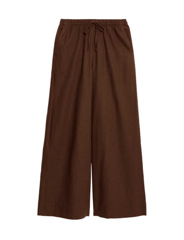 Linen Blend Drawstring Wide Leg Trousers