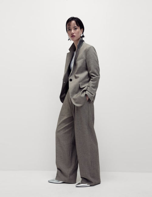 Herringbone Pleat Front Wide Leg Trousers