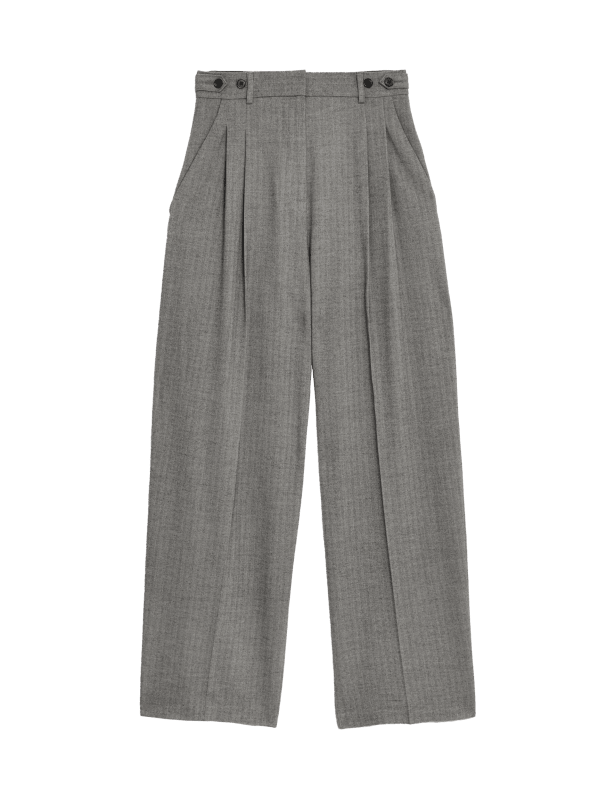 Herringbone Pleat Front Wide Leg Trousers