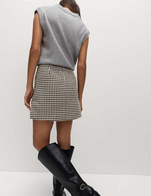 Cotton Rich Dogtooth Tweed Pleated Mini Skirt