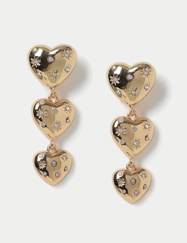 Gold Tone Three Heart Drop Earring