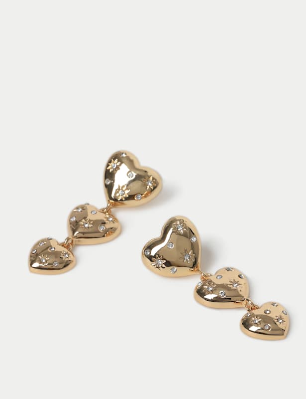 Gold Tone Three Heart Drop Earring