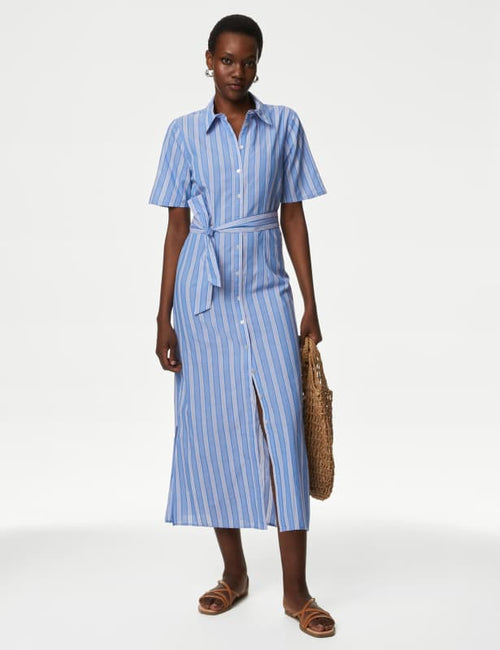 Pure Cotton Tie Waist Midi Shirt Dress