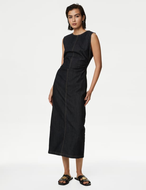 Denim Round Neck Ruched Midaxi Column Dress