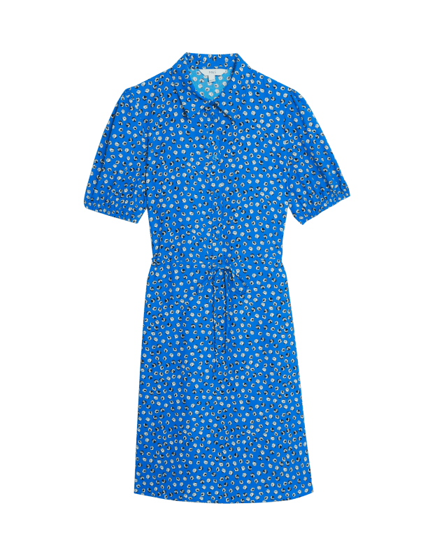 Printed Collared Tie Waist Mini Shirt Dress