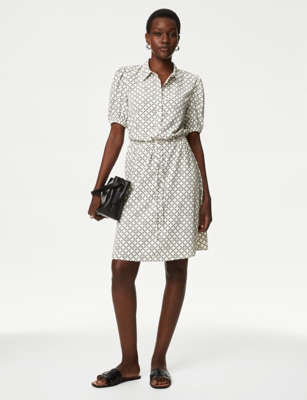 Printed Collared Tie Waist Mini Shirt Dress