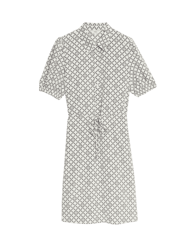 Printed Collared Tie Waist Mini Shirt Dress