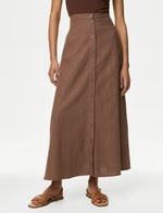 Linen Blend Button Front Midaxi Column Skirt