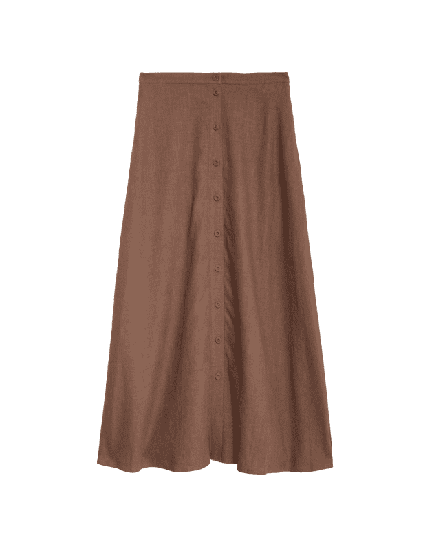 Linen Blend Button Front Midaxi Column Skirt