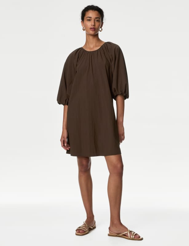 Round Neck Puff Sleeve Mini Smock Dress