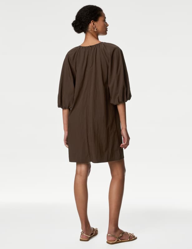 Round Neck Puff Sleeve Mini Smock Dress