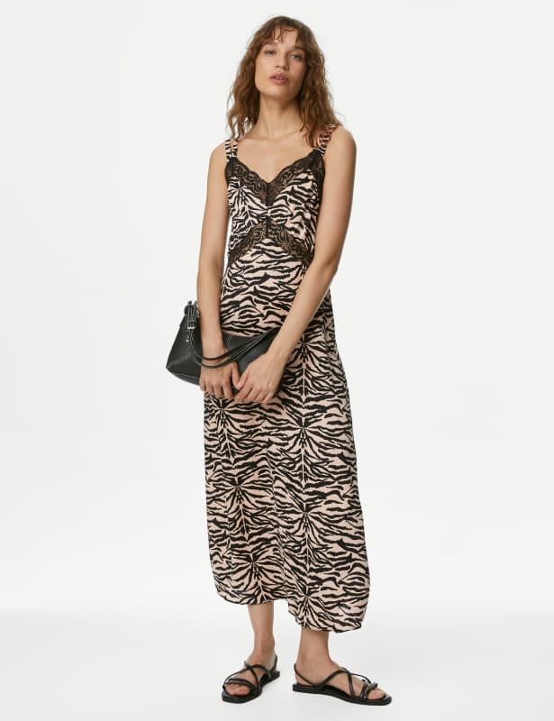 Printed V-Neck Lace Insert Midaxi Slip Dress