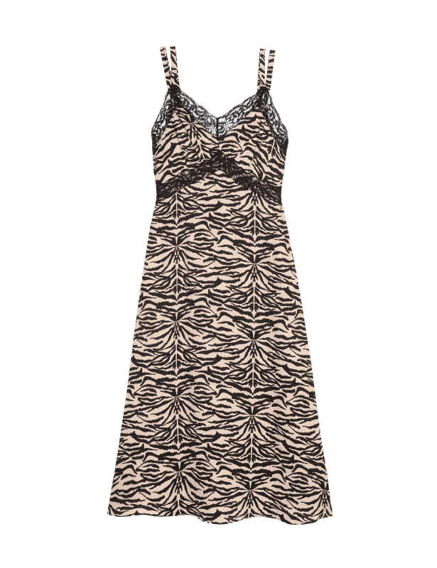 Printed V-Neck Lace Insert Midaxi Slip Dress