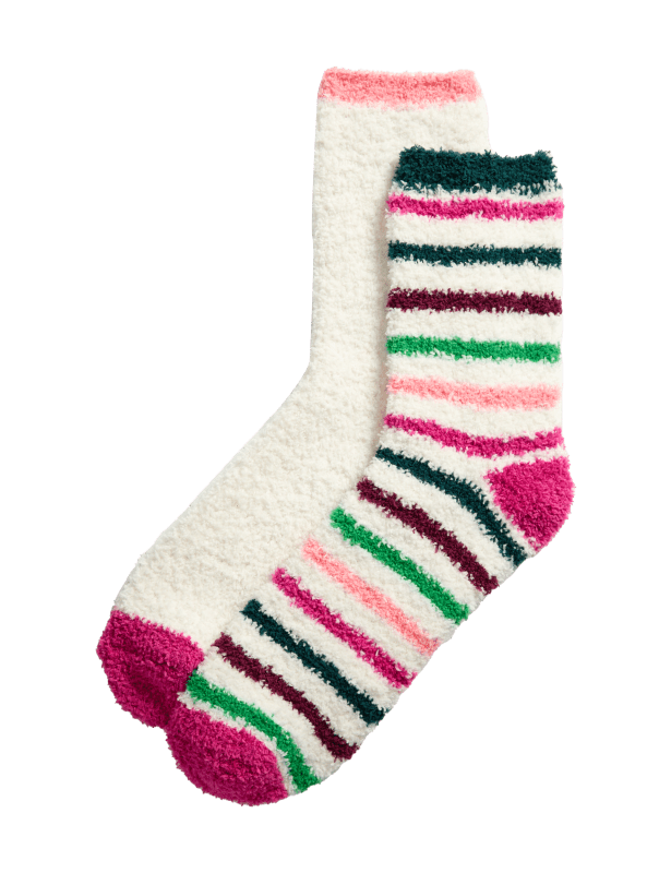 2pk Cosy Striped & Plain Fluffy Socks