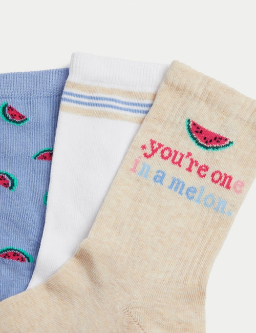 3pk Cotton Blend Watermelon Ankle High Socks