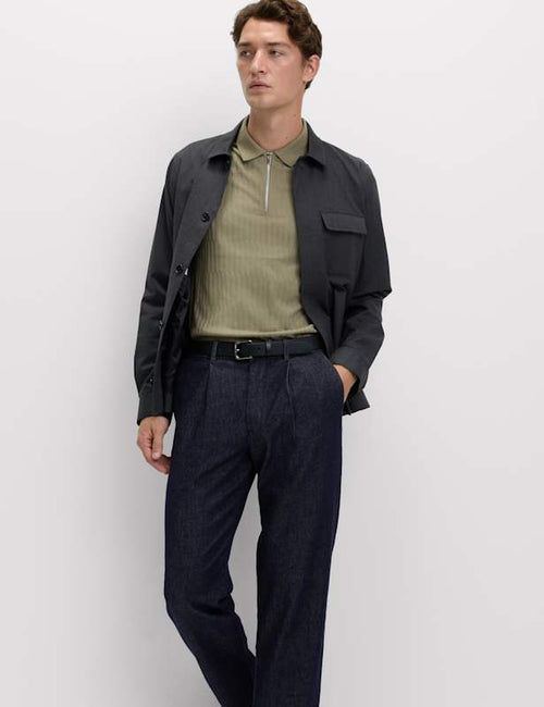 Cotton Rich Jacquard Zip Up Polo Shirt