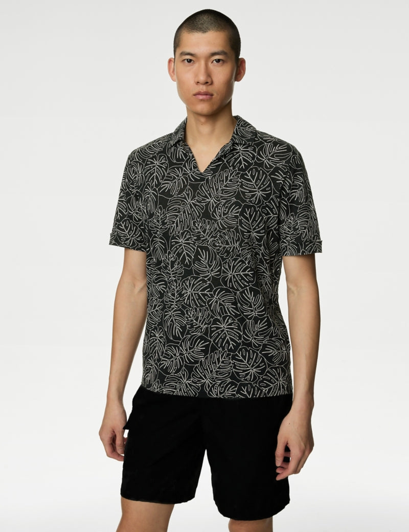 Pure Linen Leaf Print Polo Shirt