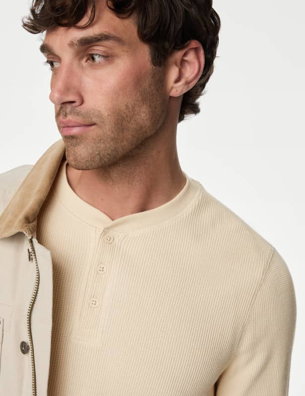 Pure Cotton Henley Waffle Long Sleeve Top