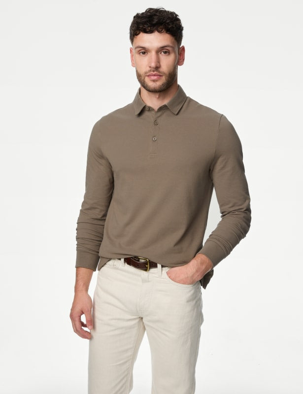 Pure Cotton Long Sleeve Polo Shirt